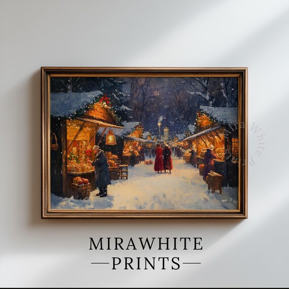 Vintage 1900s Christmas Market Snowy Night Stalls Lanterns Cozy Scene Poster
