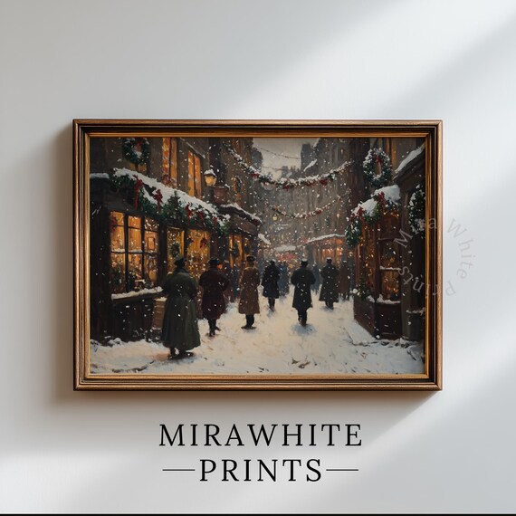 Victorian Christmas Street Snowfall Garland Shops Holiday Painting Print