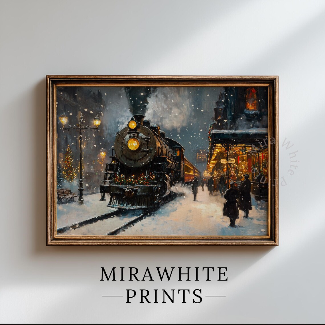 Vintage Steam Locomotive Christmas Station Snowy Night Train Scene Poster