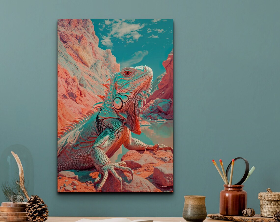 Vibrant Teal Orange Iguana Desert Rock Wildlife Reptile Poster