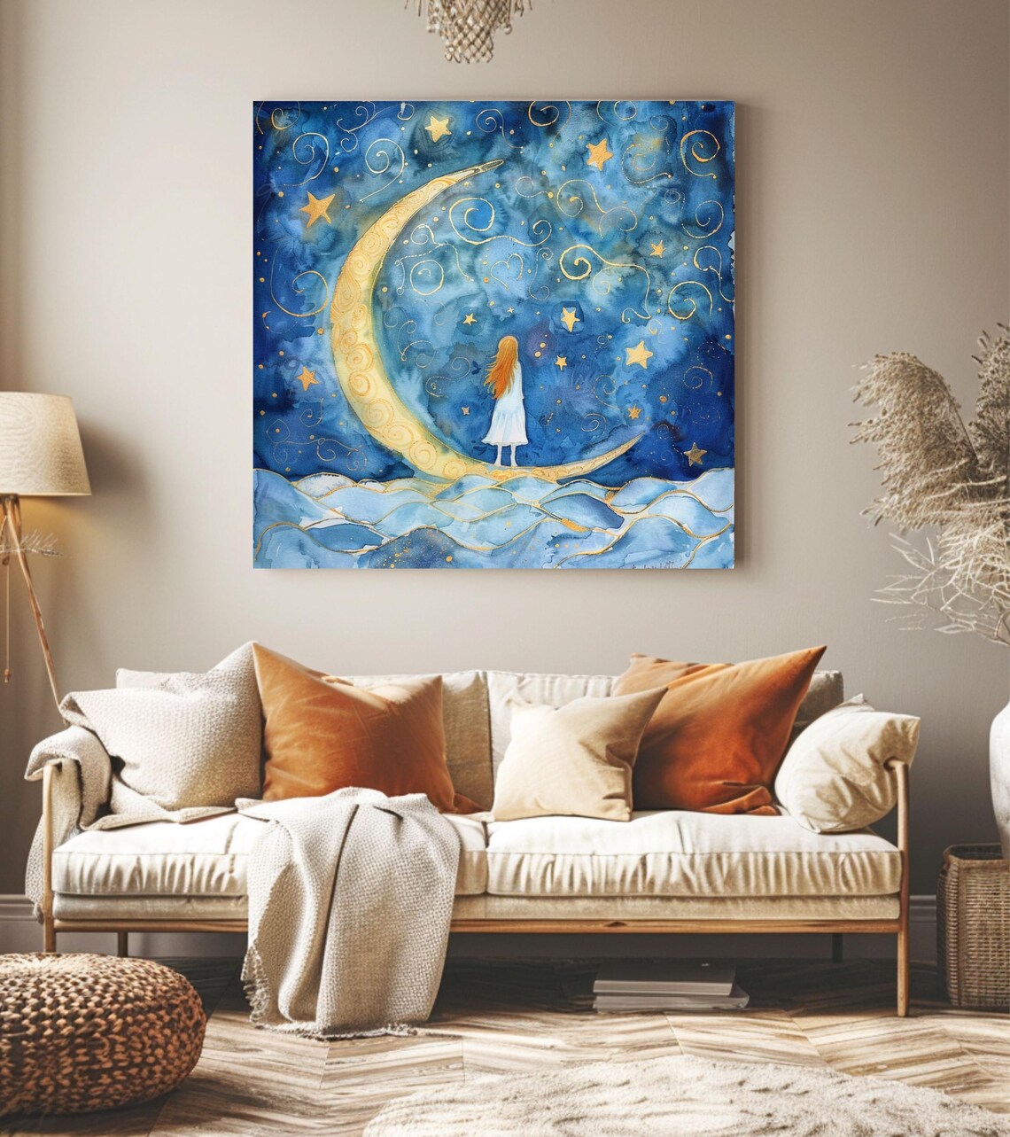 Moon And Girl, Dreamy Cosmic Night Sky Art - Image 3