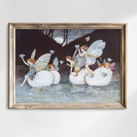 Whimsical Fairies Riding On Sea Shells Illustration By Ida Rentoul Outhwaite Perfect Vintage Nursery Fine Art Print