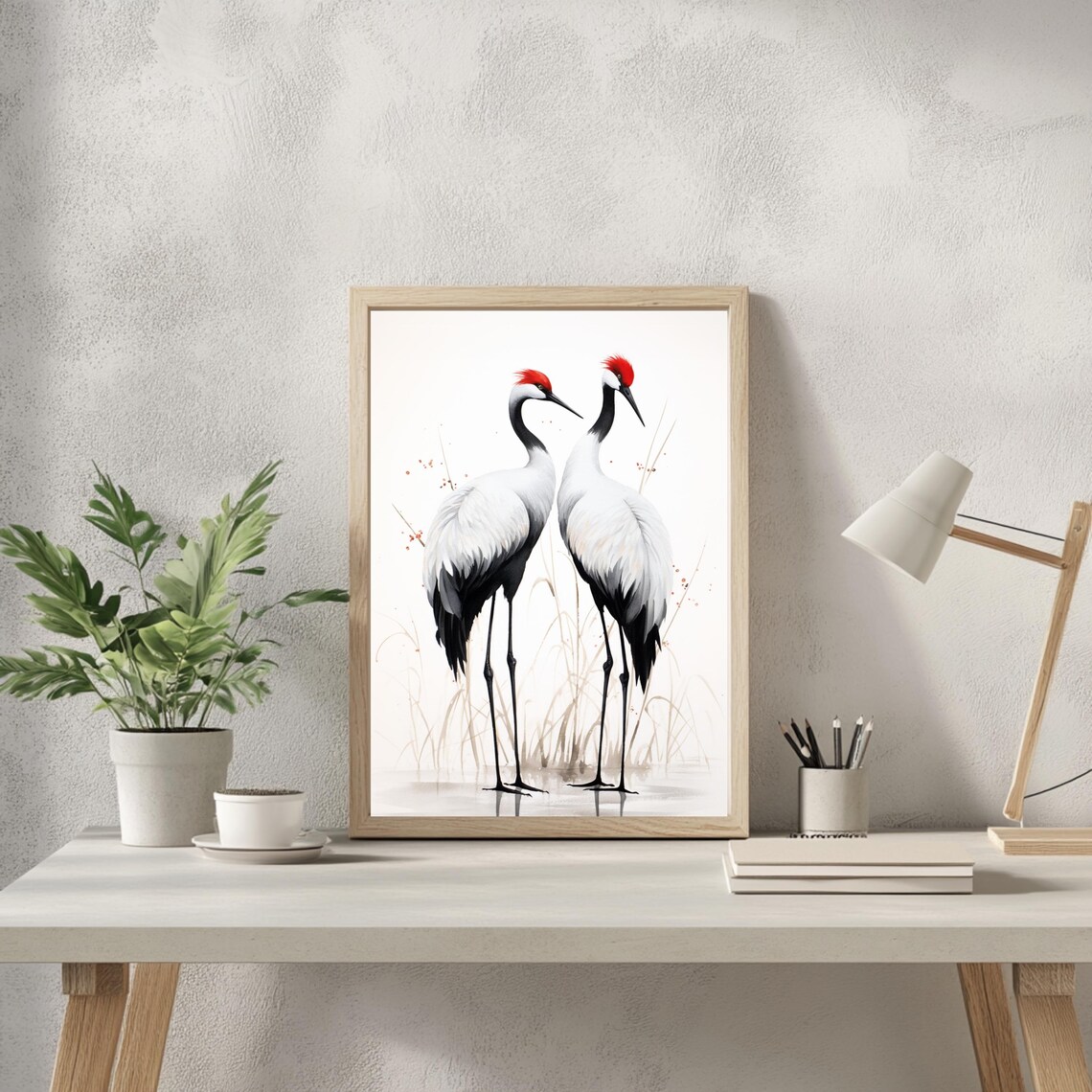 Japanese Red-Crowned Crane Pair Watercolor Art Print