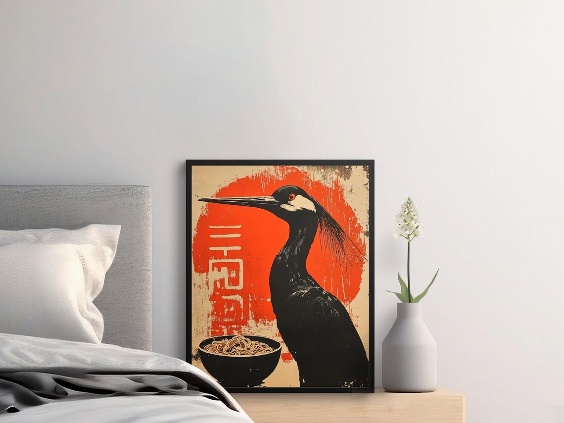 Japanese Black Crane Red Sun Bowl Of Noodles Minimal Art Poster - Image 2