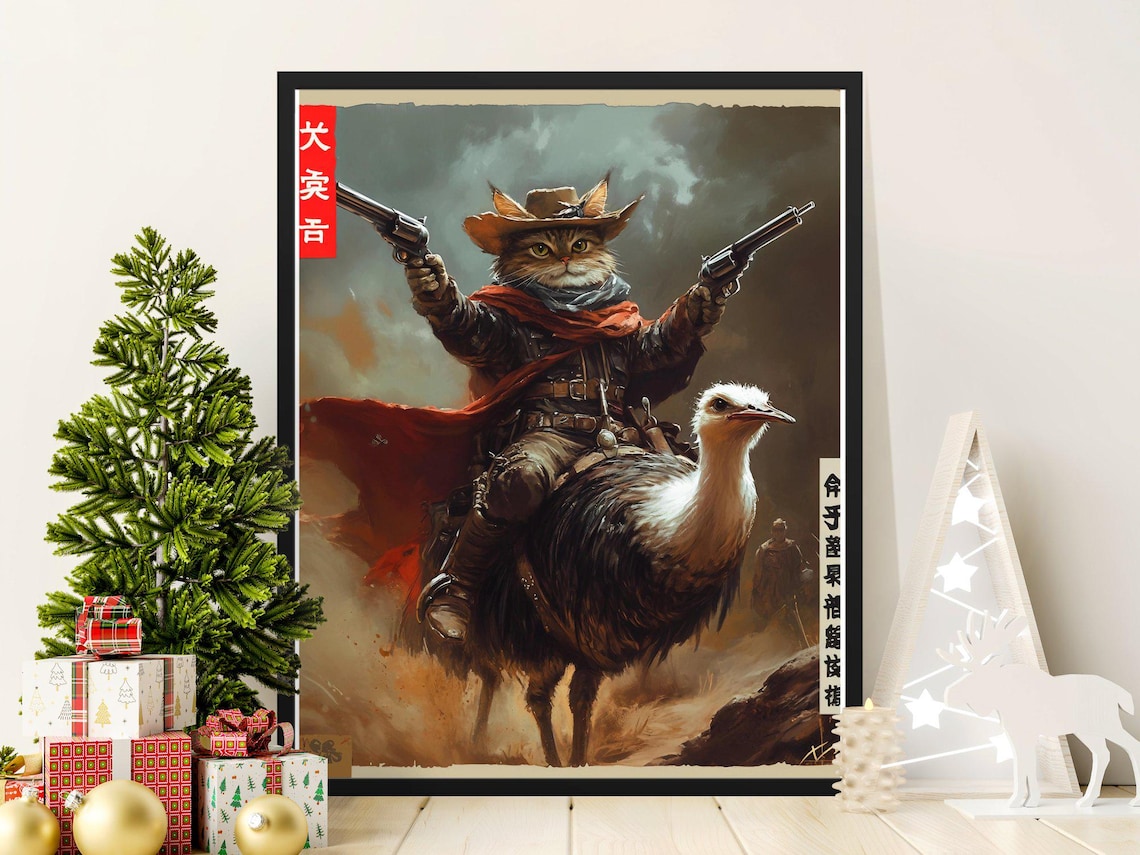 Cowboy Cat With Dual Pistols Riding Ostrich Western Fantasy Poster