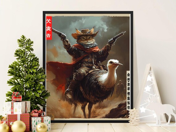 Cowboy Cat With Dual Pistols Riding Ostrich Western Fantasy Poster
