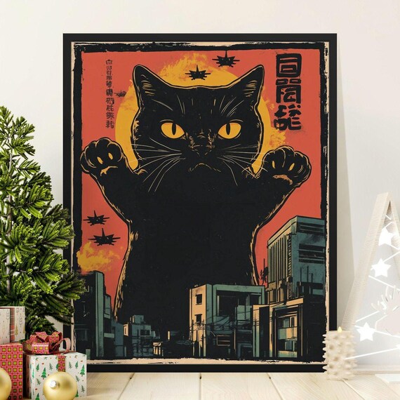 Giant Black Cat Monster Standing Over City Vintage Japanese Retro Poster