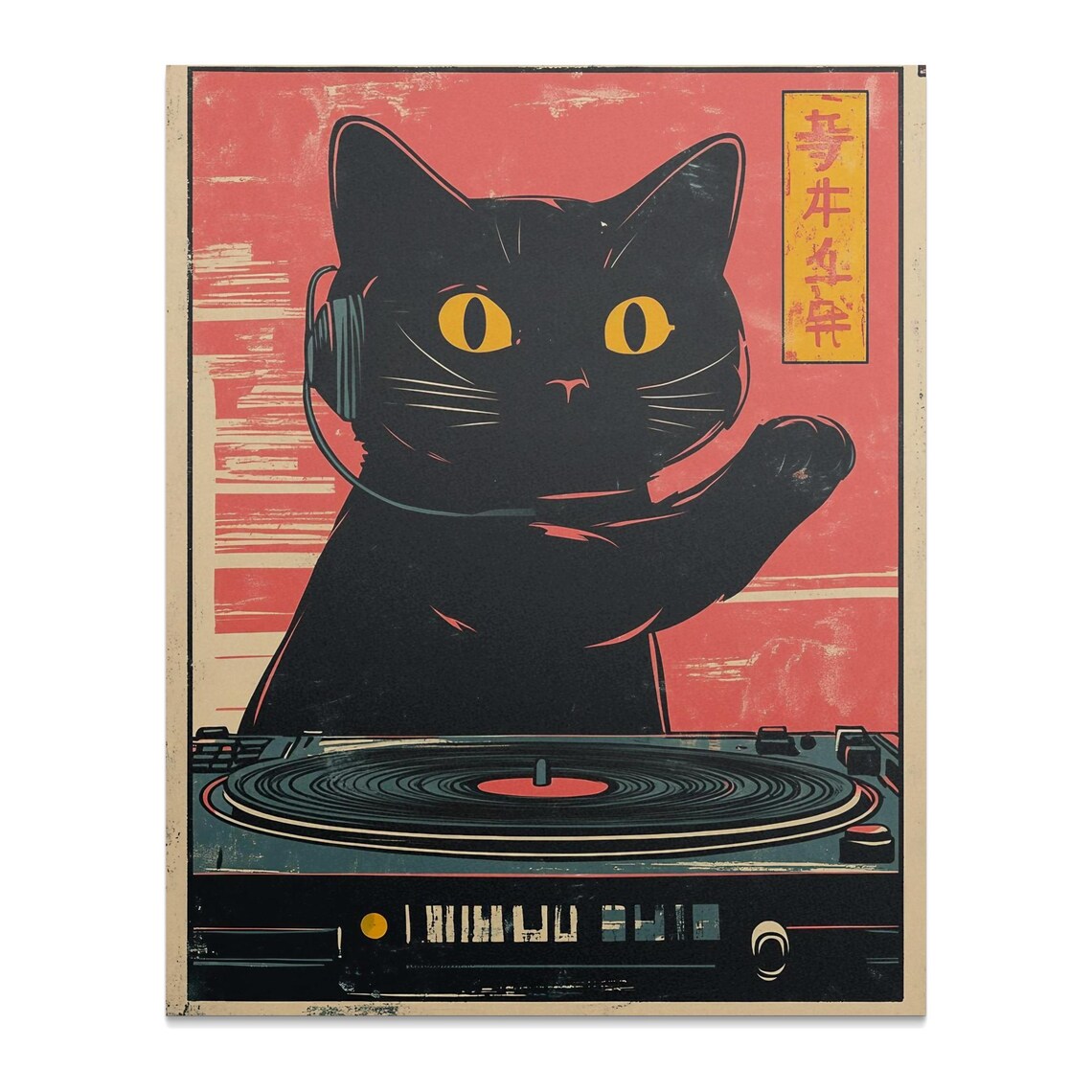Retro Black Cat DJ Headphones Turntable Japanese Music Poster - Image 3