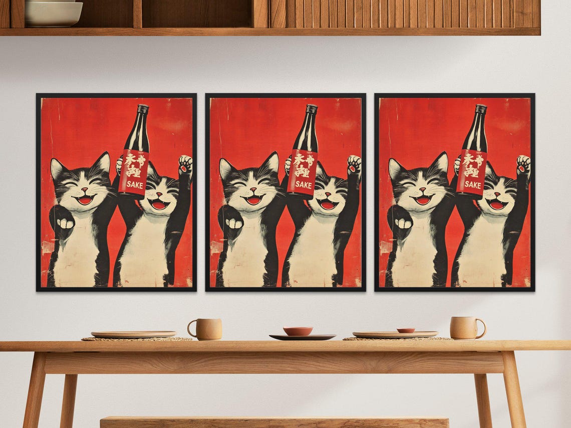 Funny Happy Cats Sake Bottle Cheering Vintage Japanese Poster - Image 2