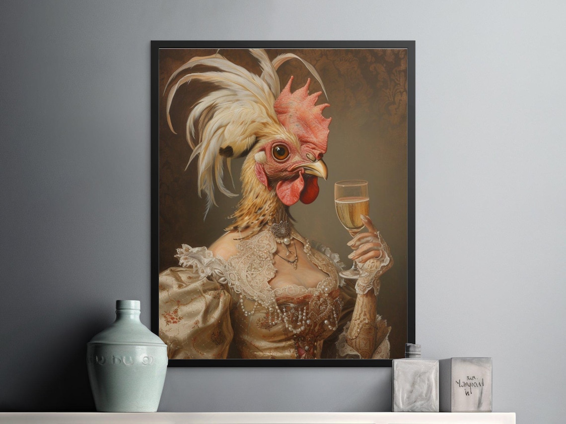 Rooster Lady In Lace Gown Holding Champagne Elegant Portrait Poster