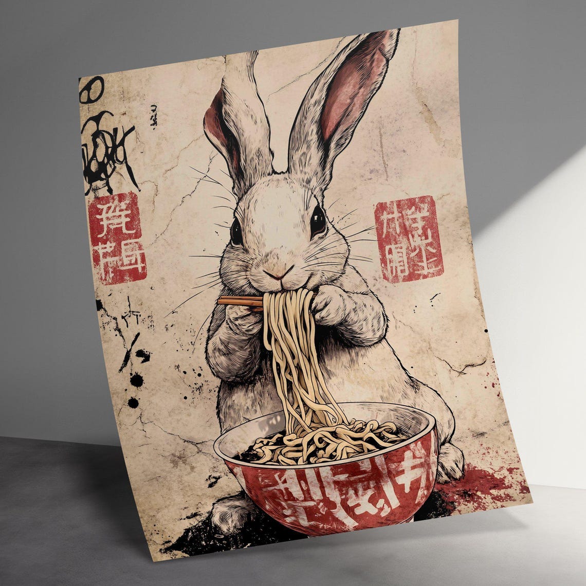 Charming White Rabbit Eating Ramen Vintage Japanese Style Art Poster - Image 3