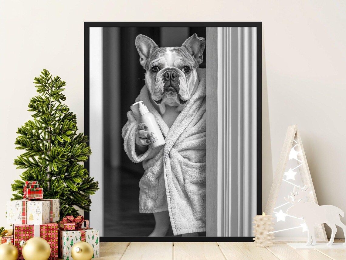 French Bulldog In Bathrobe Holding Bottle Black White Wall Art Poster