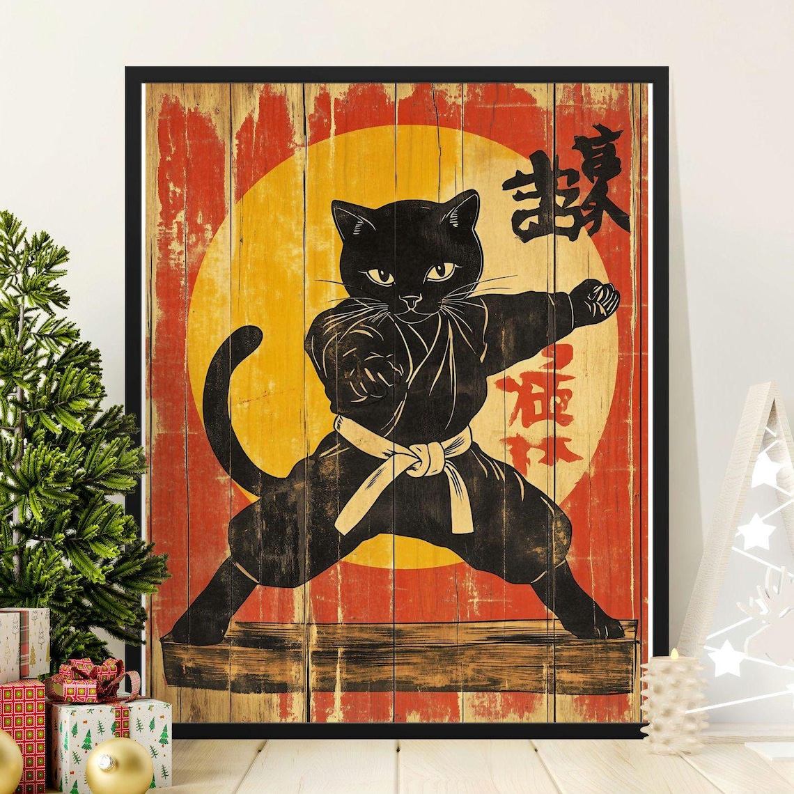Karate Cat Vintage Style Poster, Japanese Decor