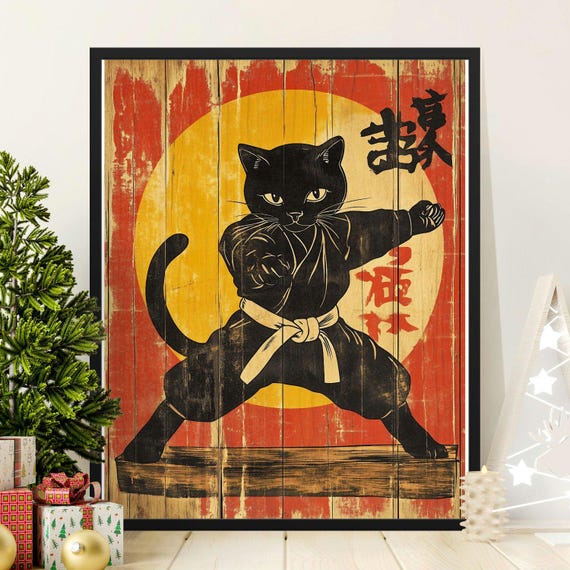 Karate Cat Vintage Style Poster, Japanese Decor