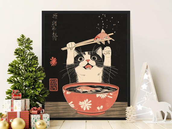 Tuxedo Cat Holding Fish With Chopsticks Red Bowl Japanese Art Print