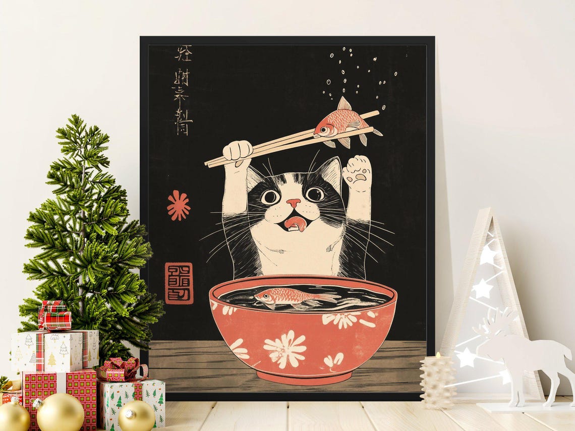 Tuxedo Cat Holding Fish With Chopsticks Red Bowl Japanese Art Print