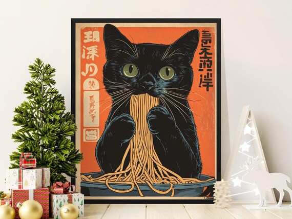 Black Cat Devouring Spaghetti Plate Orange Retro Japanese Noodle Art Poster