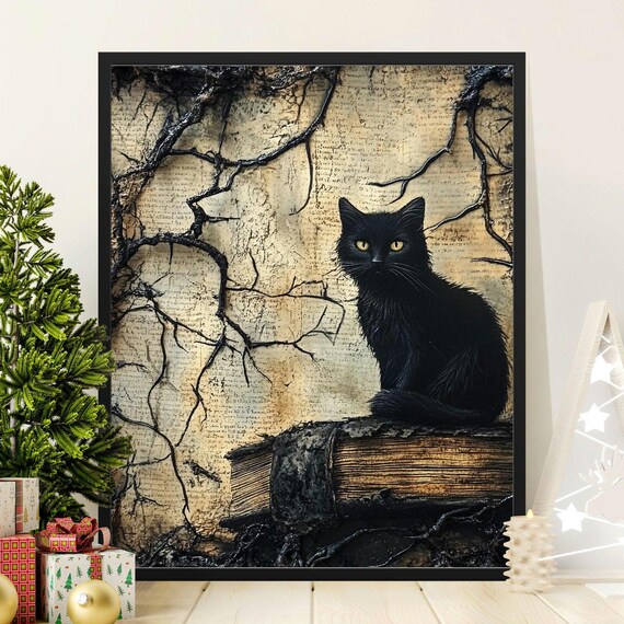Gothic Black Cat On Old Antique Book Dark Cracked Branches Wall Art