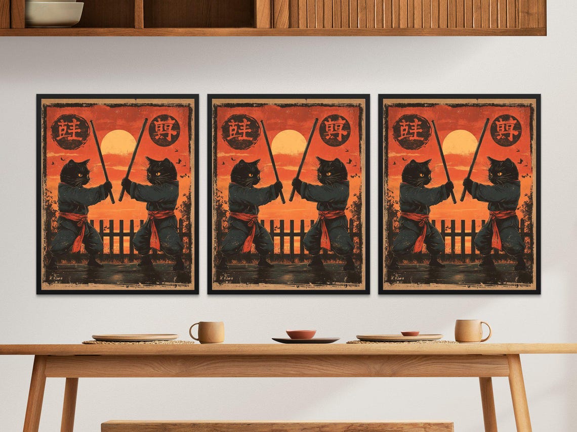 Ninja Cats Dueling With Staffs Sunset Battle Japanese Martial Poster - Image 2