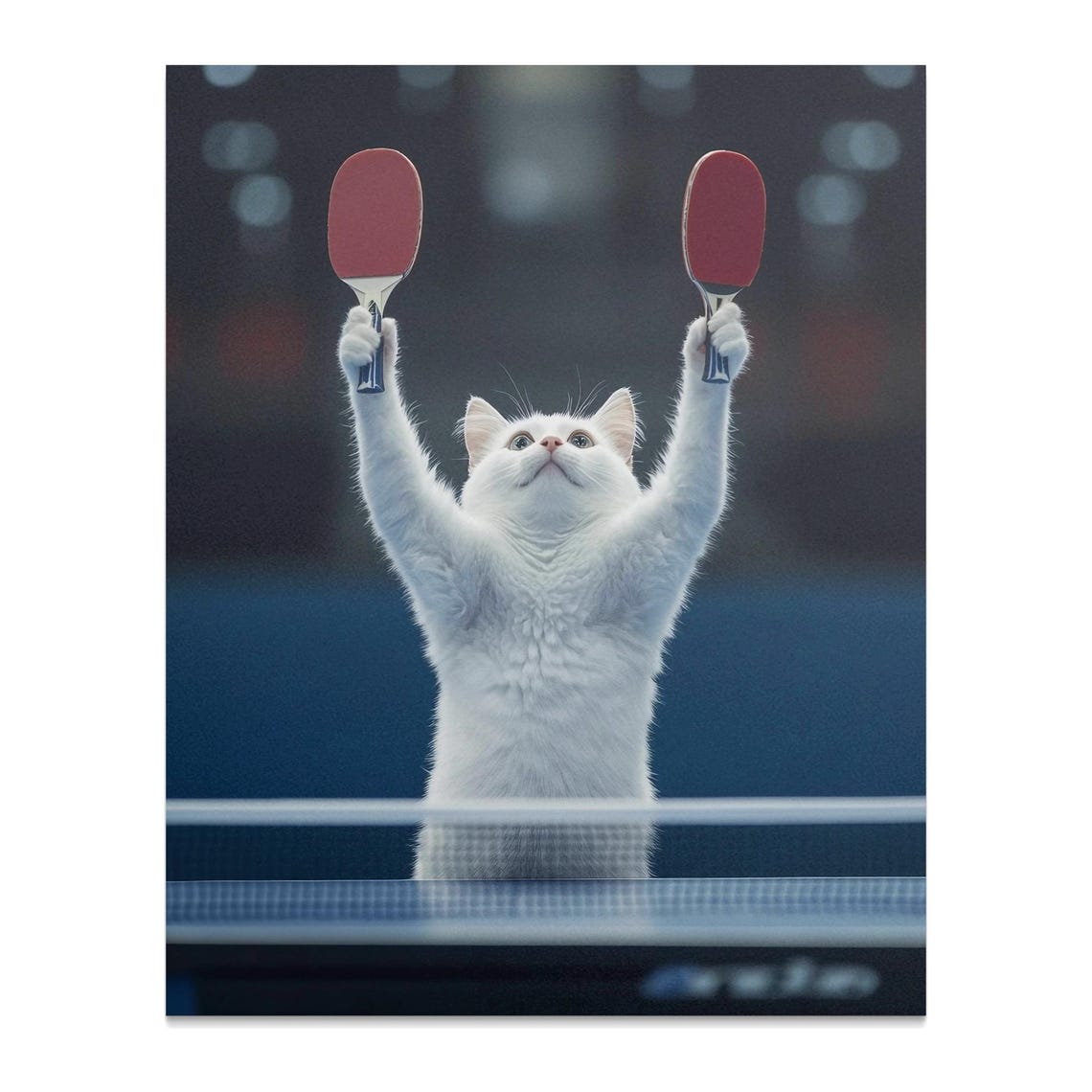 White Cat Holding Two Ping Pong Paddles At Table Tennis Art Poster - Image 2