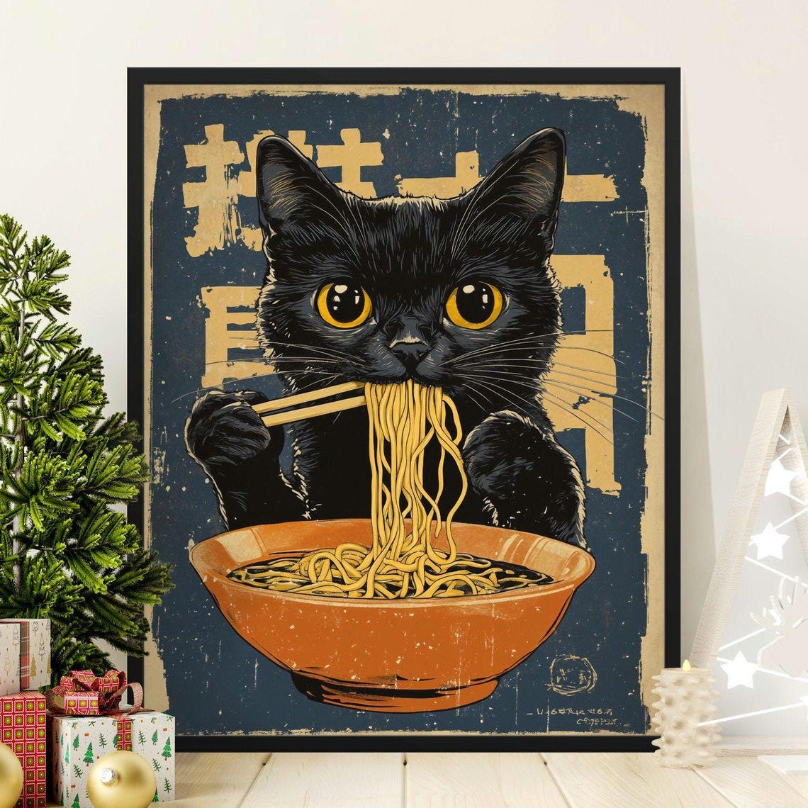 Black Cat Eating Ramen Chopsticks Vintage Japanese Kitchen Poster
