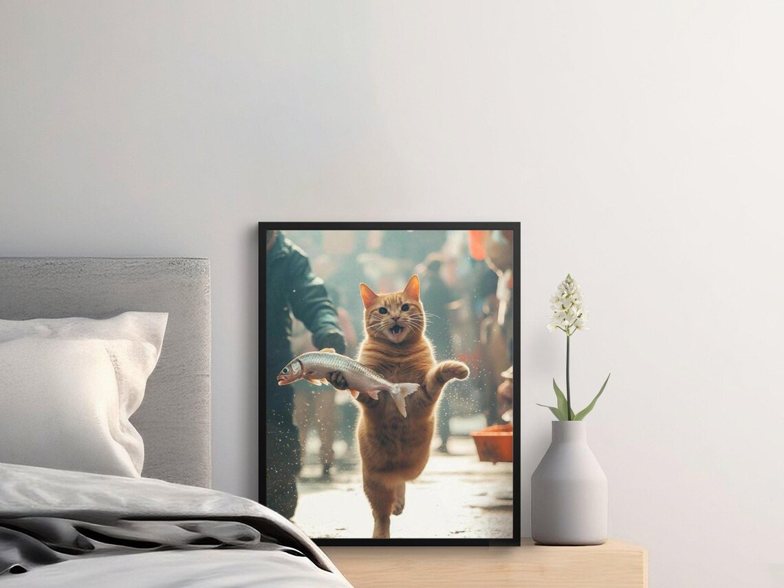 Orange Tabby Cat Stealing Fish Funny Market Heist Cat Wall Art Poster - Image 2