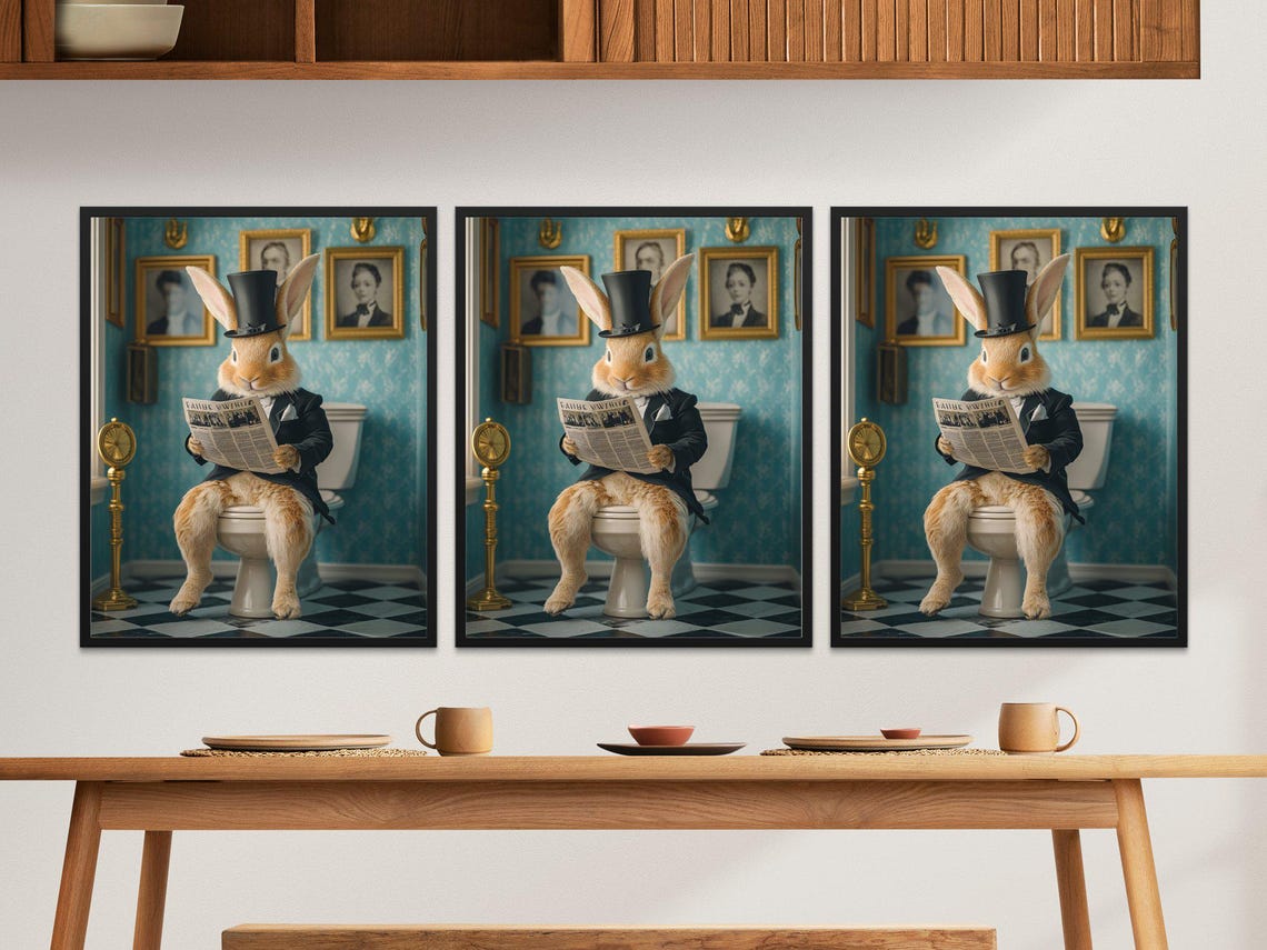 Gentleman Rabbit Reading Newspaper On Toilet Bathroom Humor Poster - Image 2