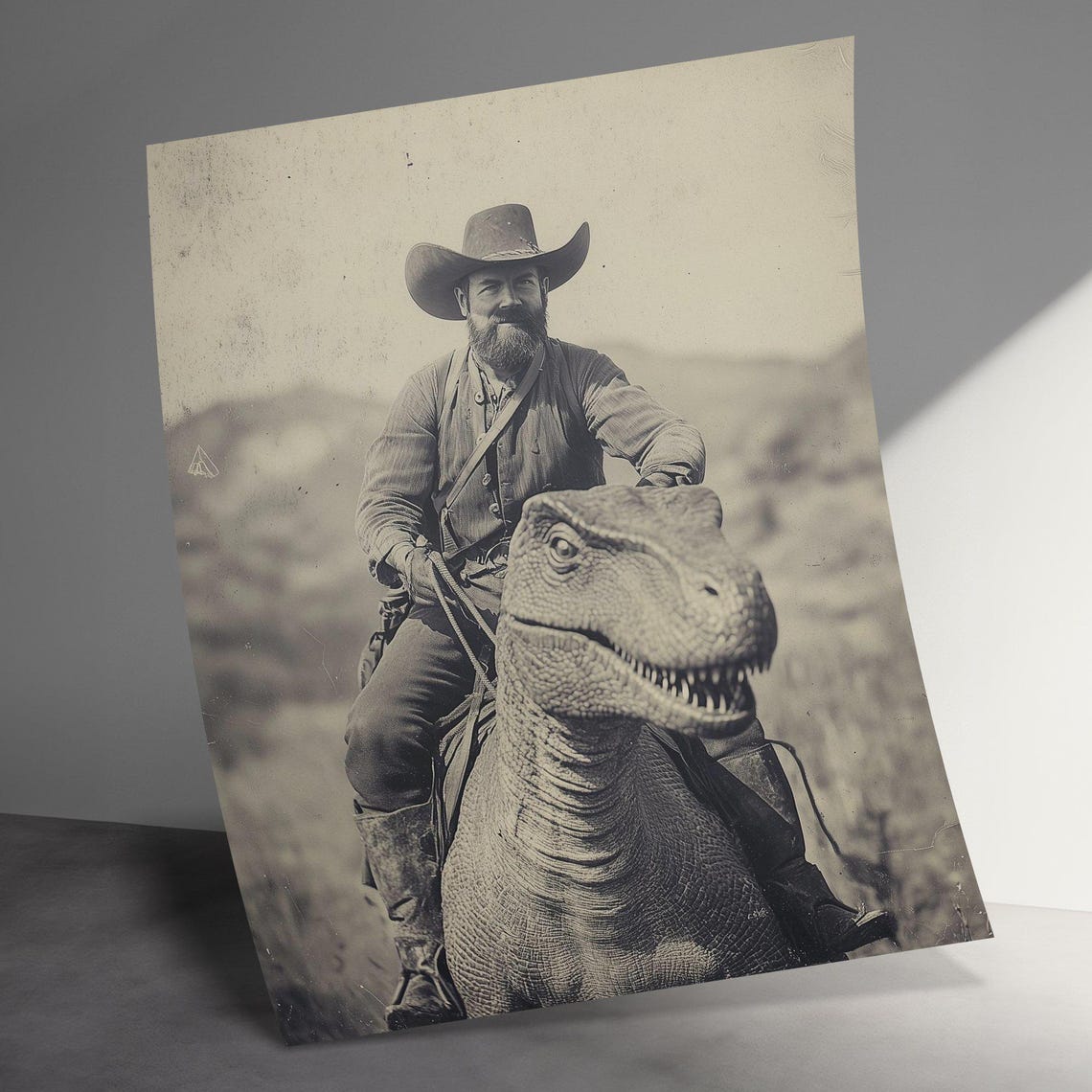 Cowboy Riding T-Rex Dinosaur Wild West Fantasy Vintage Photo Wall Art - Image 3