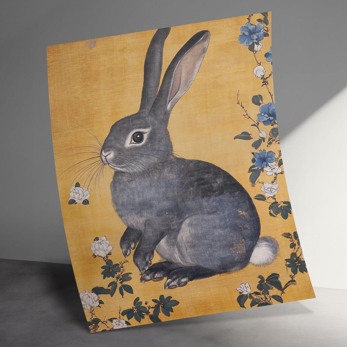 Vintage Japanese Gray Rabbit Golden Paper Floral Botanical Art Poster - Image 3