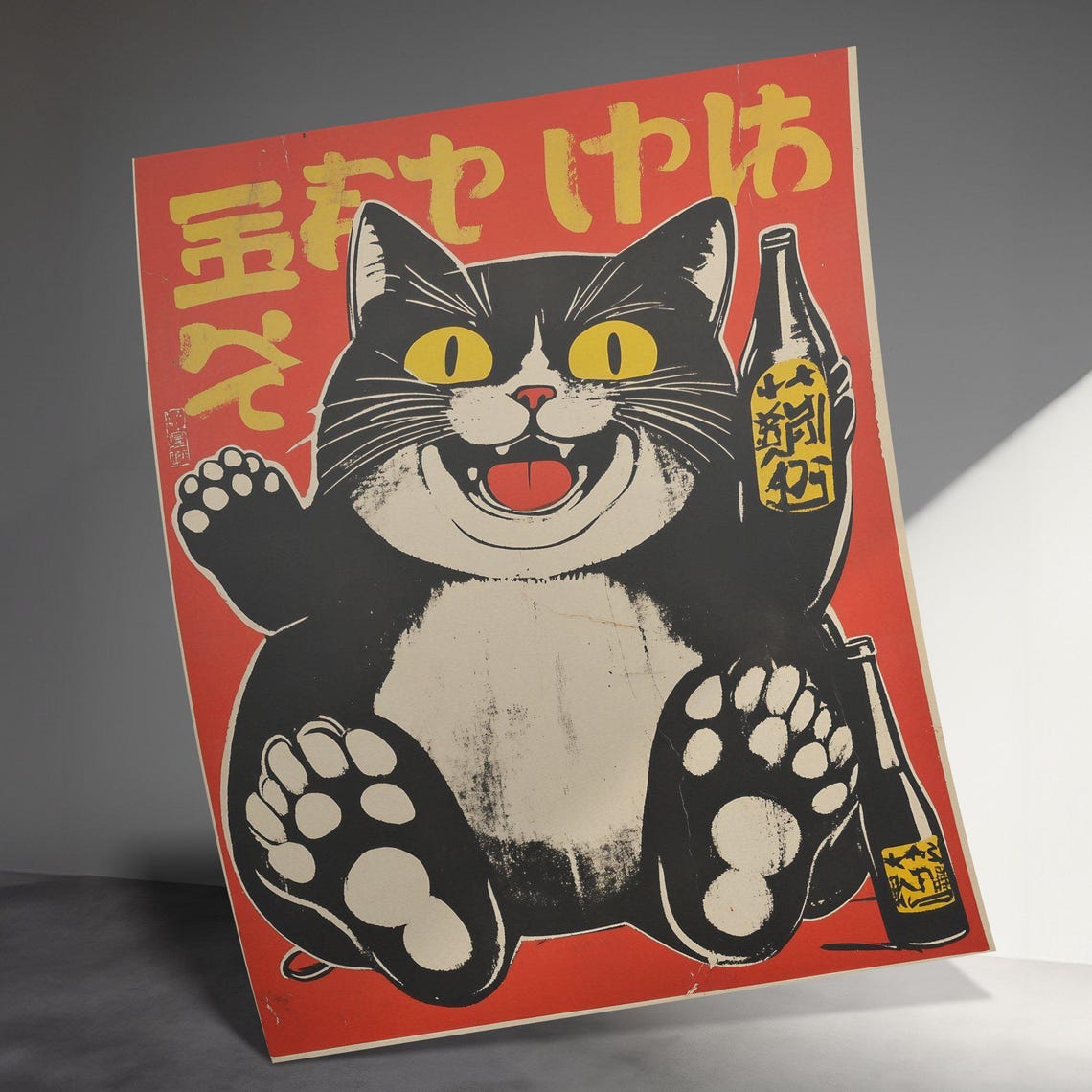 Japanese Lucky Cat Waving Paw Red Retro Sake Bottle Art Poster - Image 3