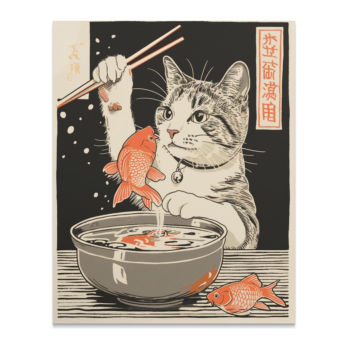 Cute Cat Fishing Goldfish With Chopsticks Japanese Style Kitchen Art Poster - Image 2