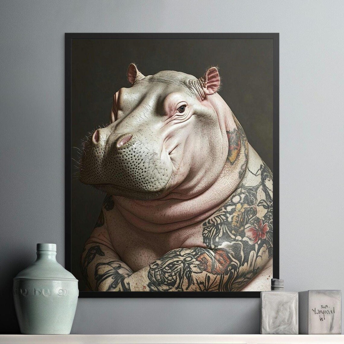Tattooed Hippo Portrait Dark Background Quirky Funny Animal Wall Art