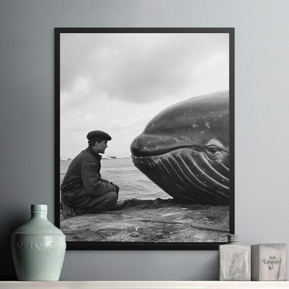Fisherman And Humpback Whale Black And White Vintage Ocean Photo Poster
