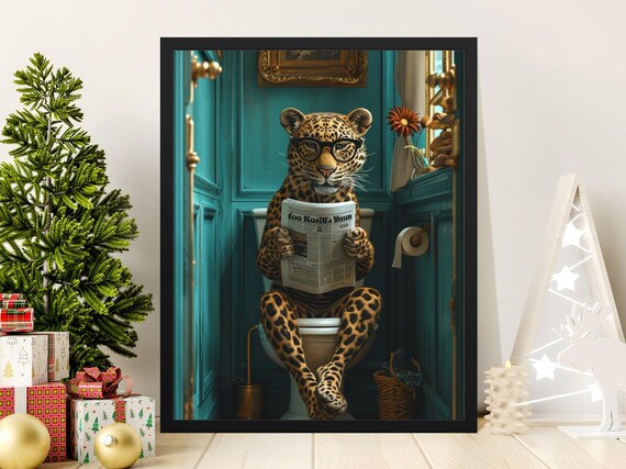 Leopard With Glasses Reading Newspaper on a Toilet Funny Wall Art