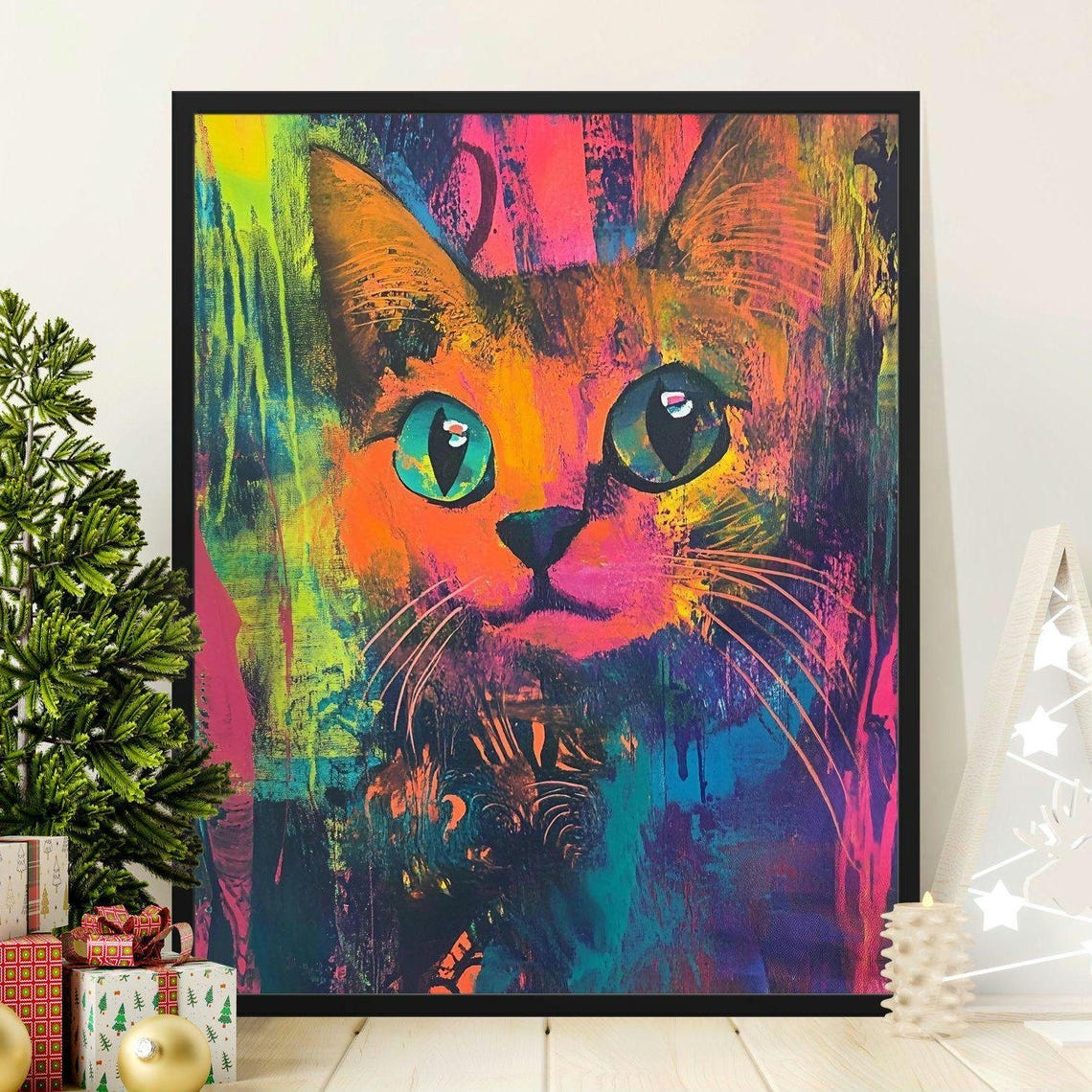 Psychedelic Neon Cat Portrait Vibrant Abstract Graffiti Poster