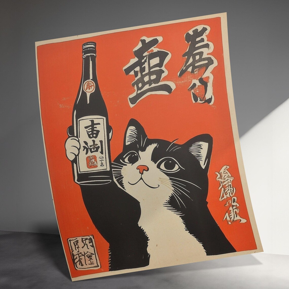 Tuxedo Cat Holding Sake Bottle Red Retro Japanese Bar Decor Party Art Poster - Image 3