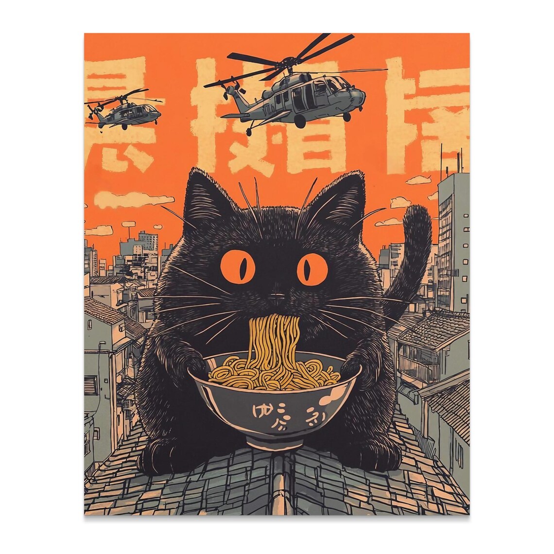 Giant Black Cat Slurping Noodles City Helicopters Kaiju Poster - Image 2