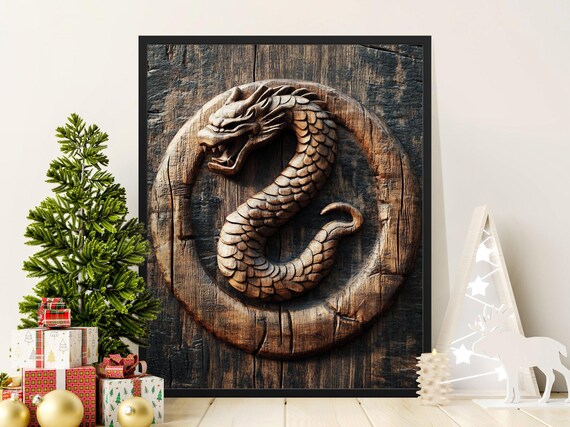 Dragon Wall Art Wooden Dragon Poster Medieval Decor Rustic Home Wall Hangings Fantasy Dragon Art Print Viking Home Decor
