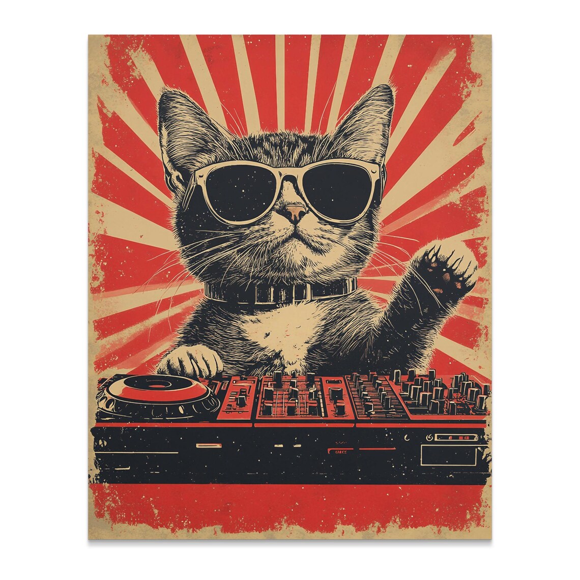 Cool Tabby Cat DJ Sunglasses Red Sunburst Retro Party Music Wall Art Poster - Image 2