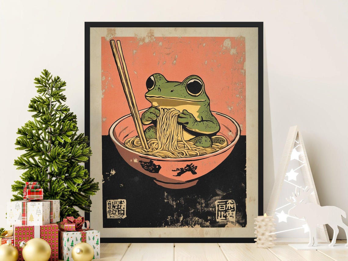 Cute Green Frog Eating Ramen Whimsical Japanese Kitchen Poster - Image 3