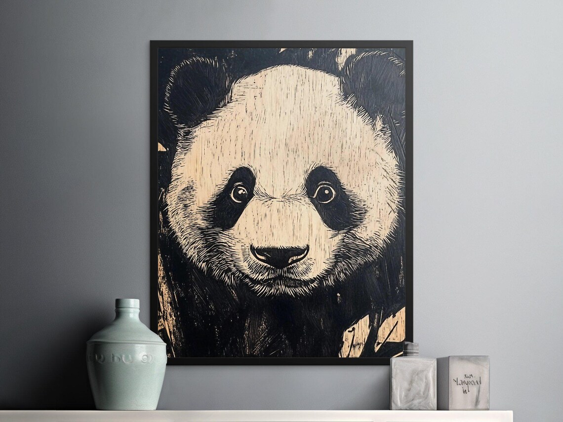 Giant Panda Portrait Black And White Woodcut Style Animal Poster