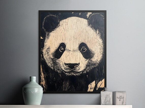 Giant Panda Portrait Black And White Woodcut Style Animal Poster