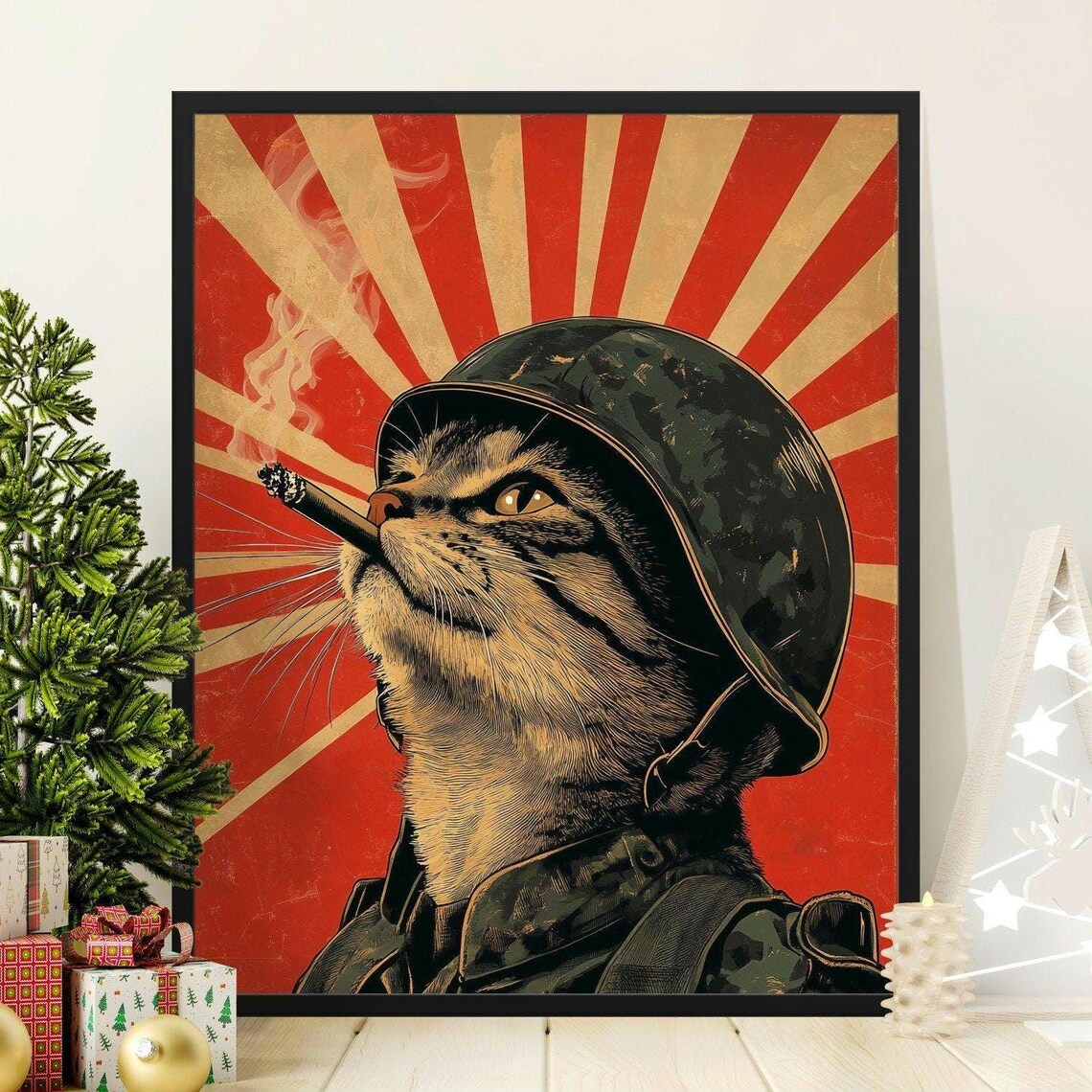 Military Helmet Cat Smoking Cigar Red Rising Sun Retro Soldier Art Poster