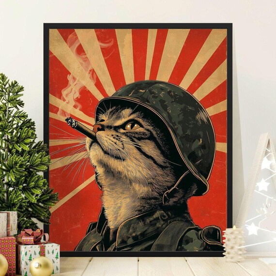 Military Helmet Cat Smoking Cigar Red Rising Sun Retro Soldier Art Poster