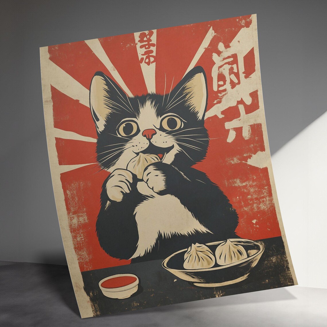 Tuxedo Kitten Eating Dumpling Rising Sun Burst Vintage Japanese Art Poster - Image 3