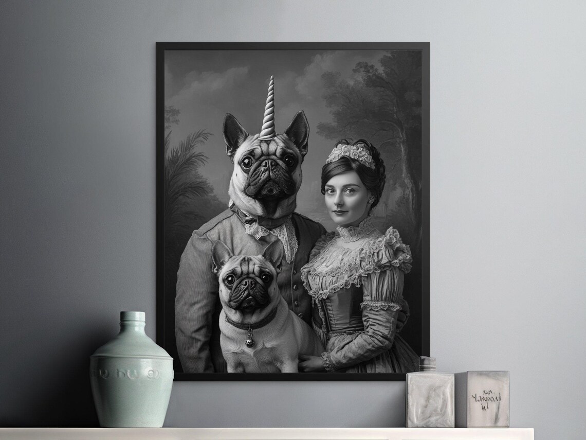 Victorian Pug Dog Unicorn Family Portrait Whimsical Gothic Dark Poster - Image 2
