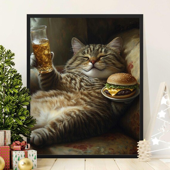Relaxed Tabby Cat With Burger And Whiskey Glass Cozy Lounge Funny Art Poster