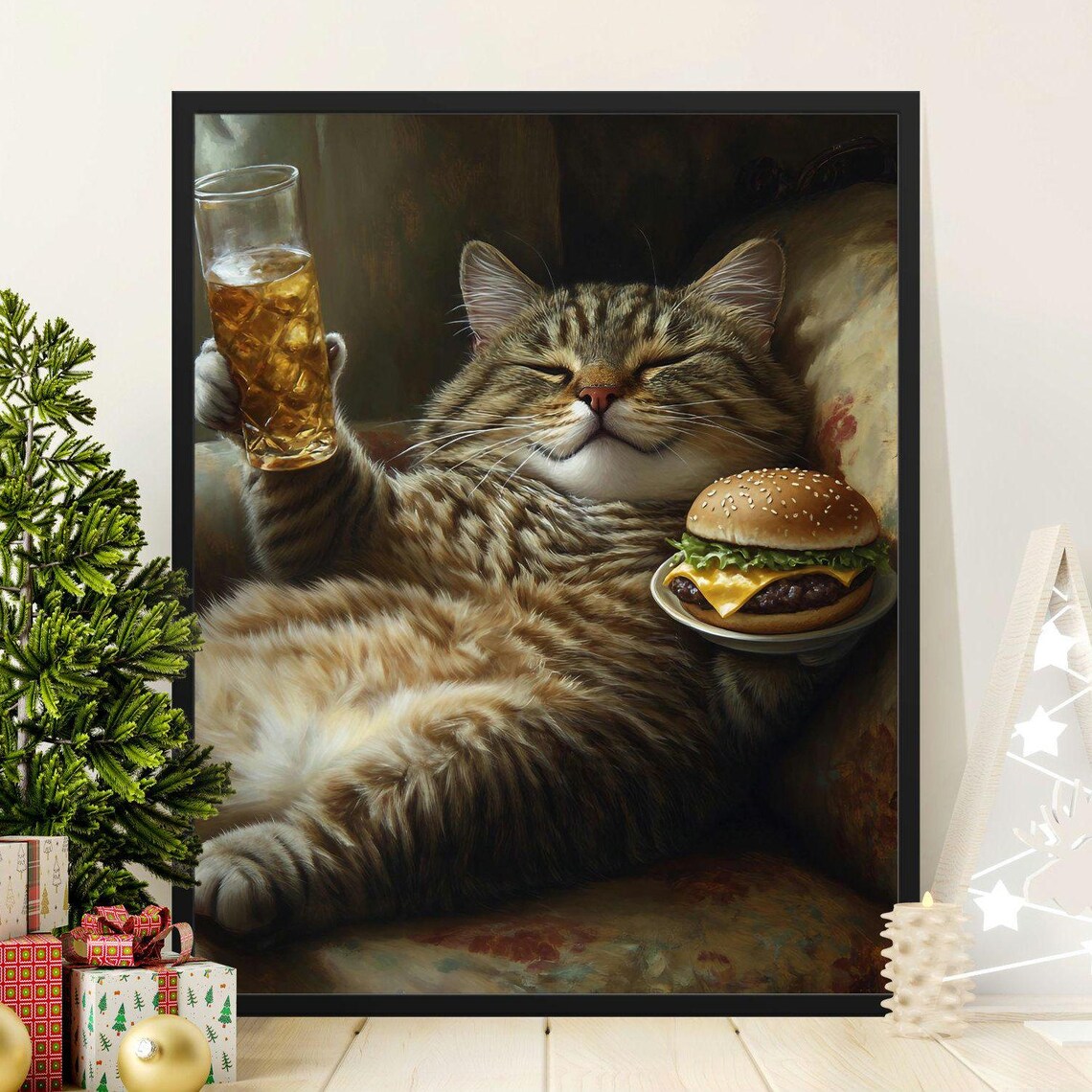 Relaxed Tabby Cat With Burger And Whiskey Glass Cozy Lounge Funny Art Poster