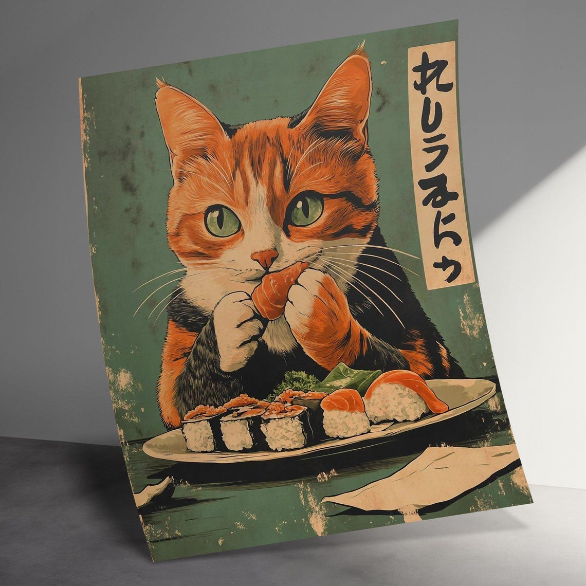 Orange Tabby Cat Eating Sushi Vintage Japanese Kitchen Wall Art Poster - Image 2