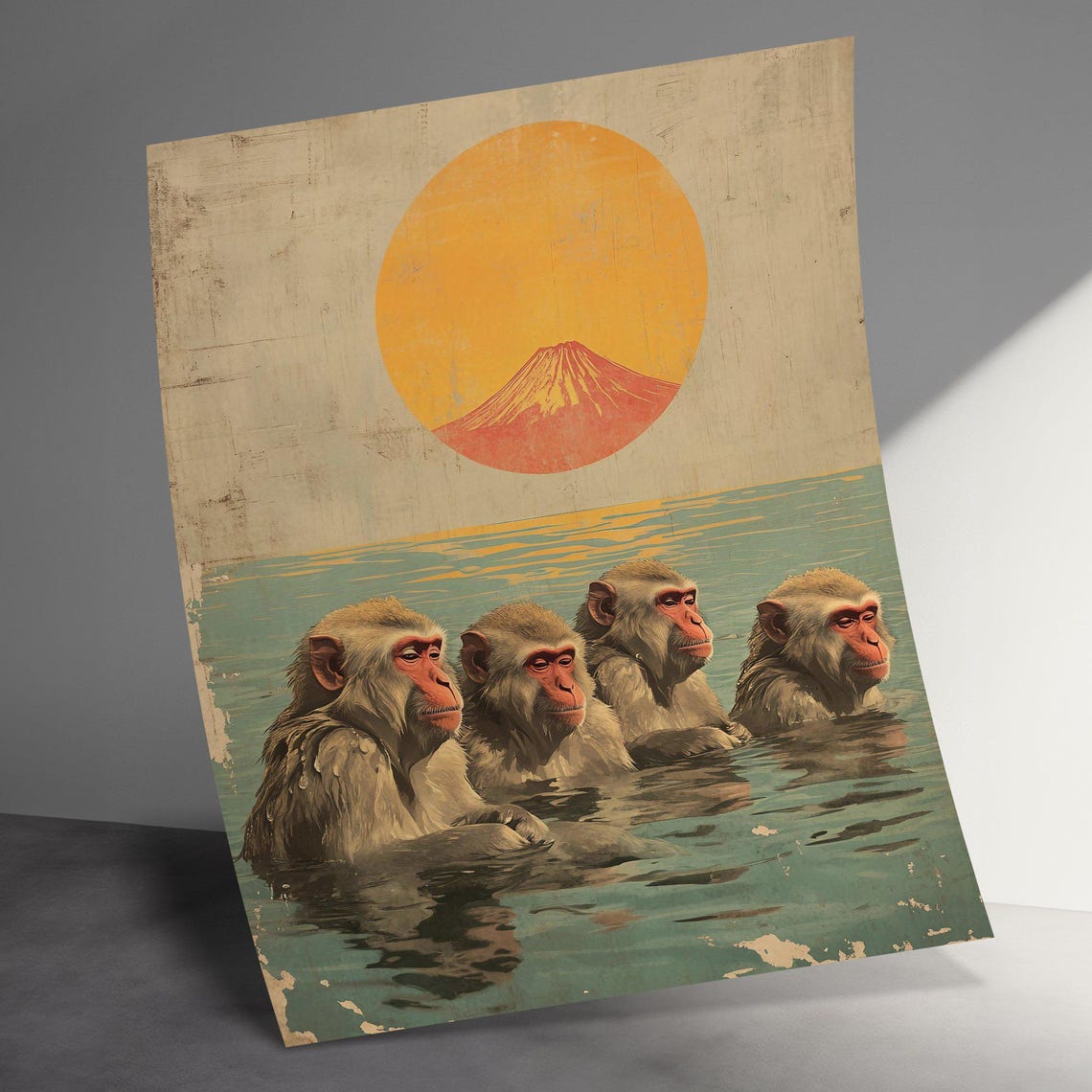 Snow Monkeys Bathing Hot Spring Mount Fuji Sun Retro Art Poster - Image 3